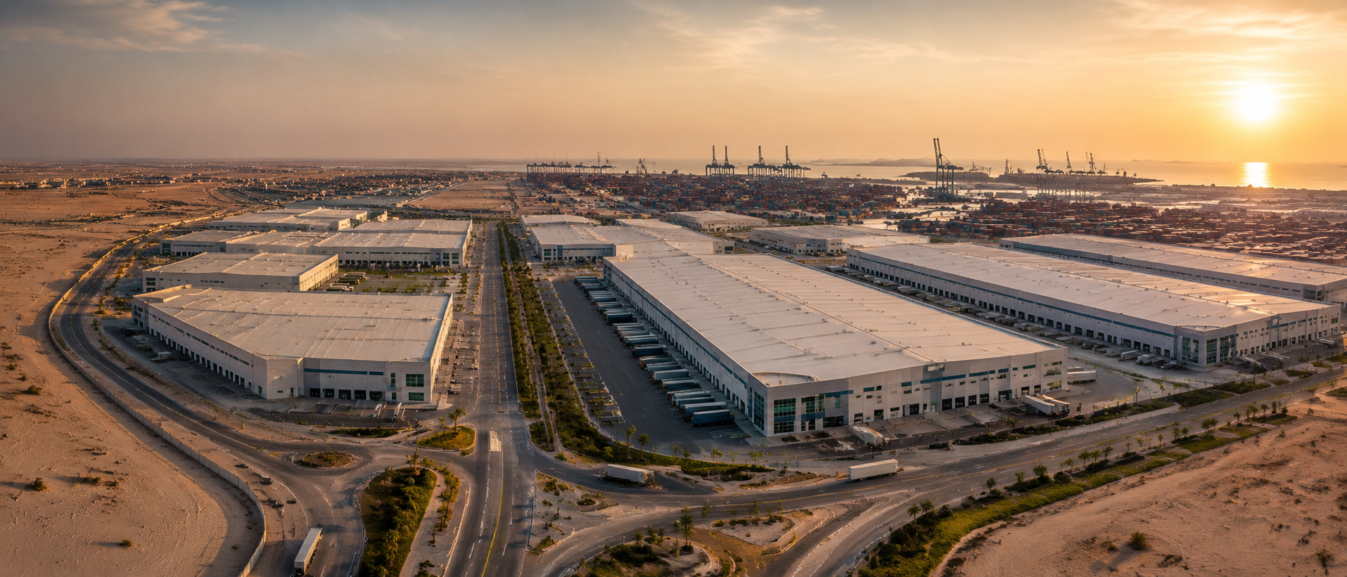 Aerial view of a GCC industrial free zone at golden hour with warehouses, a container port and highway network