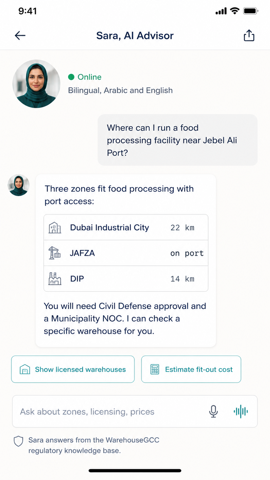 Sara AI advisor chat on the mobile app